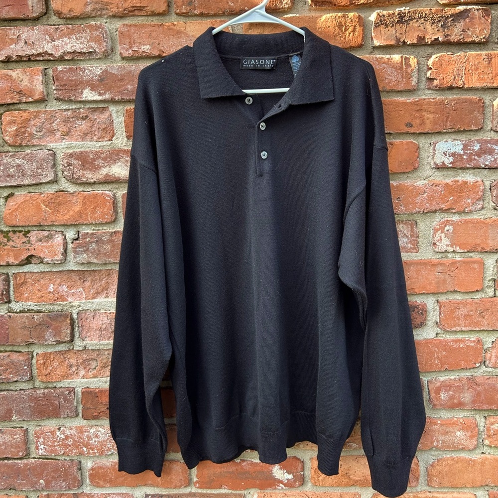 GIASONE Men’s Black Extra Fine Merino Wool  Polo Sweater Size XL Made in Italy